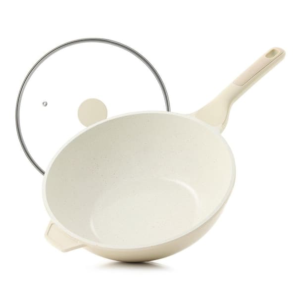 Large 11 in. Cream White Ceramic Induction Nonstick Wok with Lid, Deep Frying Pan Skillet with Stay-Cool Handles