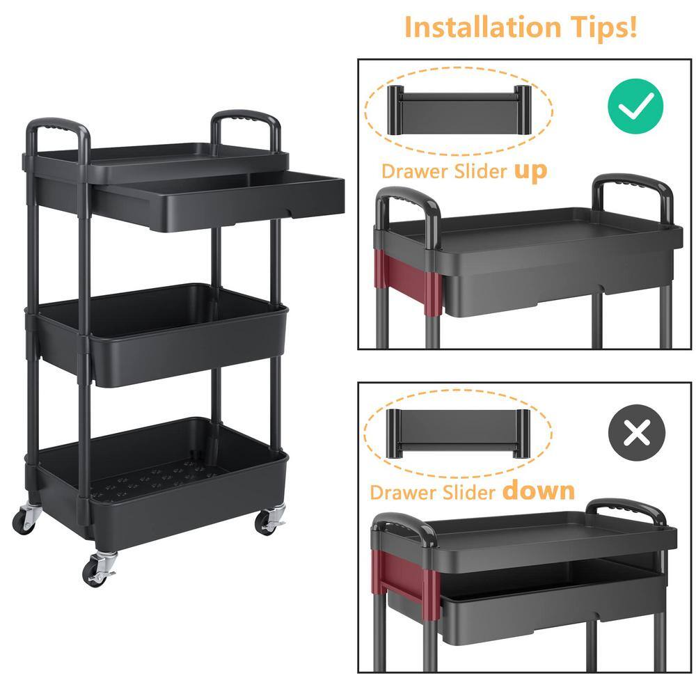 Black Metal 3-Tier Rolling Utility Storage Cart with Wheels