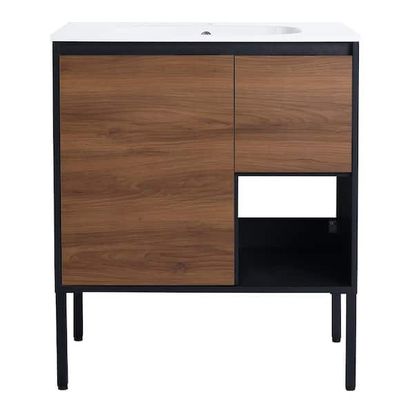 29.8 in. W x 18.1 in. D x 34.8 in. H Freestanding Bath Vanity in BrownEbony with White Resin Vanity Top