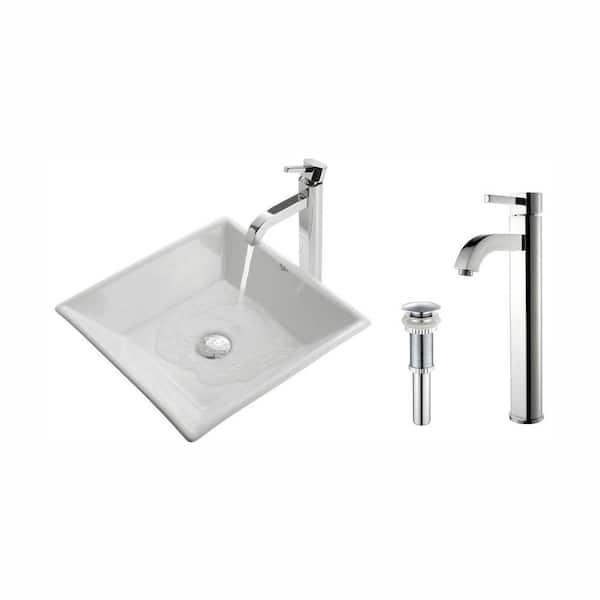 KRAUS Flat Square Ceramic Vessel Sink in White with Ramus Faucet in Chrome