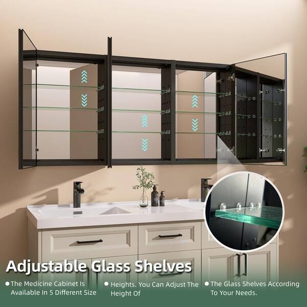 SHIN 60 in. W x 30 in. H Black Rectangular Aluminum Recessed/Surface Mount Medicine Cabinet with Mirror and Shelves