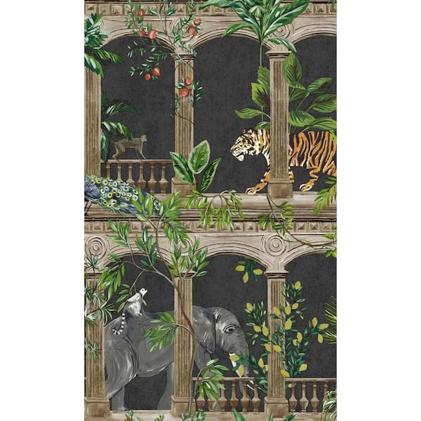 Walls Republic Black Ancient Inspired Tropical Shelf Liner Non-Woven Wallpaper Non-Pasted (57 sq. ft.) Double Roll