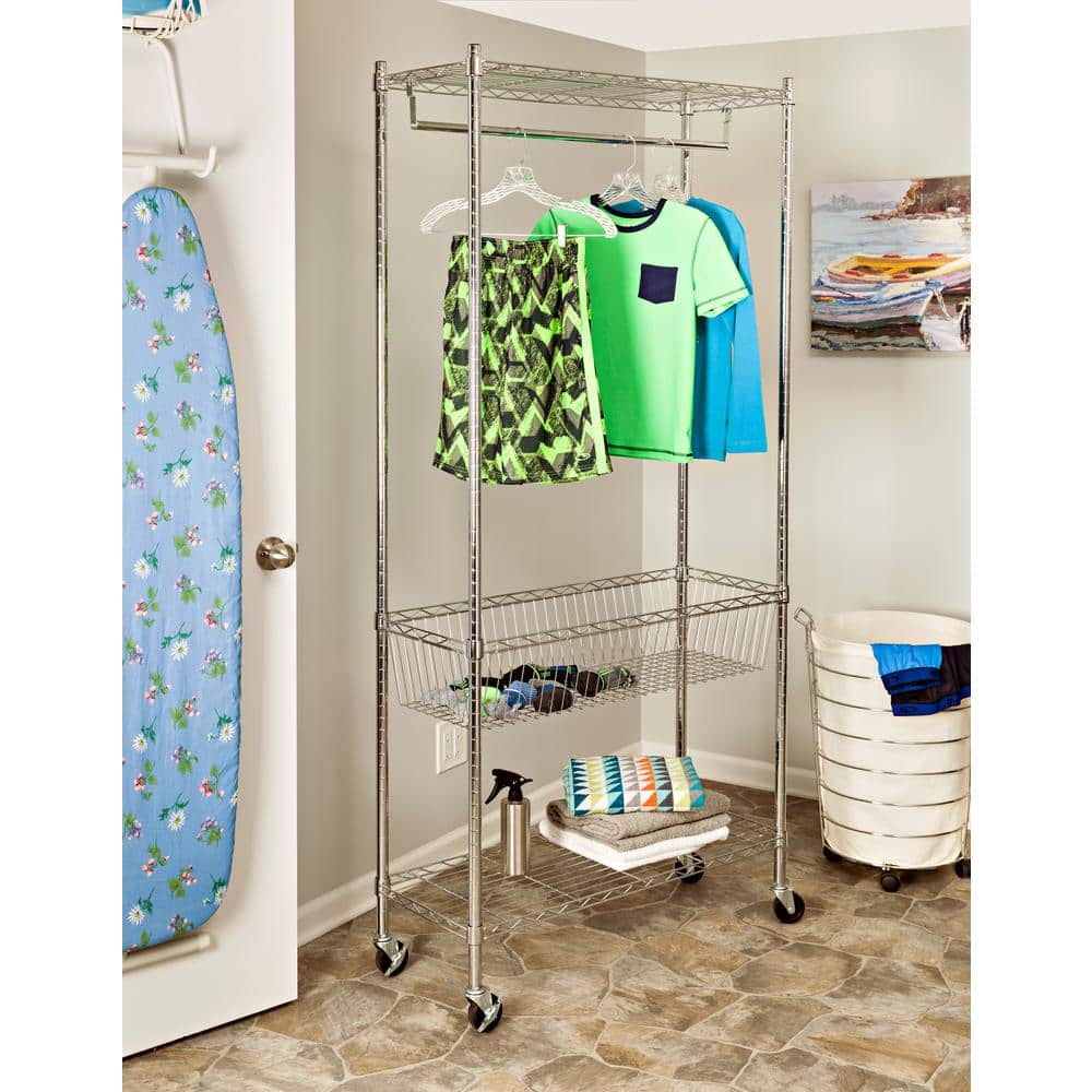 Chrome Rolling Laundry Station with Shelves and Hanging Bar