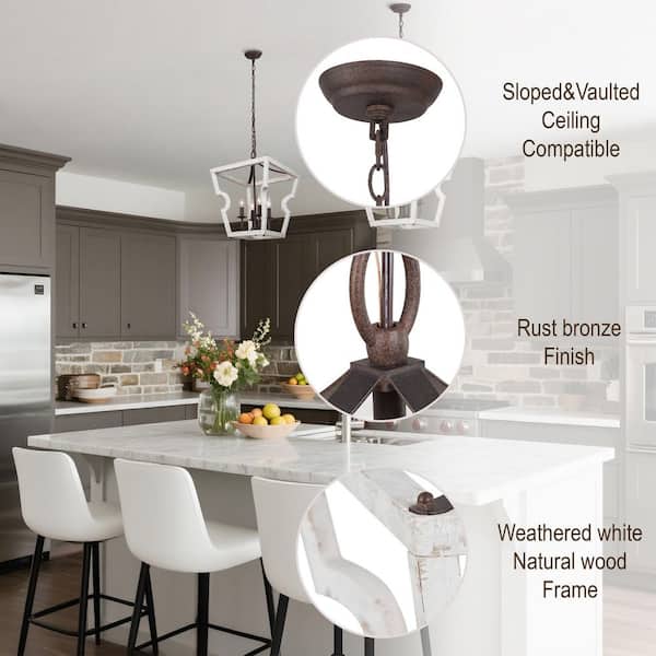 15.9 in. 4-Light Modern Farmhouse Wood Island Pendant Light, Distressed White Chandelier for Kitchen Island, Dining Room