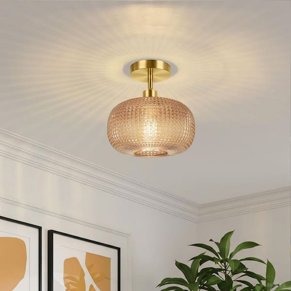 Semi Flush Mount Ceiling Light, Adjustable Hanging Gold Sloped Ceiling Lights with Brown Glass Shade