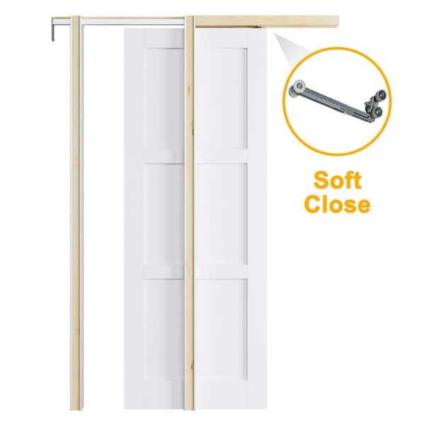 ARK DESIGN 24 in. x 80 in. White Primed 3 Lite MDF Door with Solid Core Pine Wood Pocket Door Frame with Hardware and Soft Close