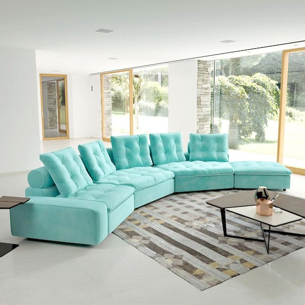 Magic Home 110 in. 6 Piece Patio L-Shaped Square Arm Conversation Sofa Outdoor Beige Polyester Wicker Sectional with Ottoman, Trays