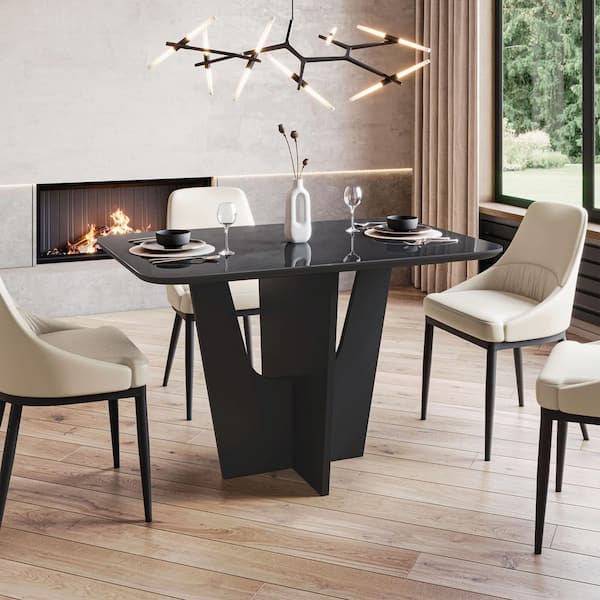 Techni Home Italian Style Black Painted Glass Pedestal Dining Table Seats 4