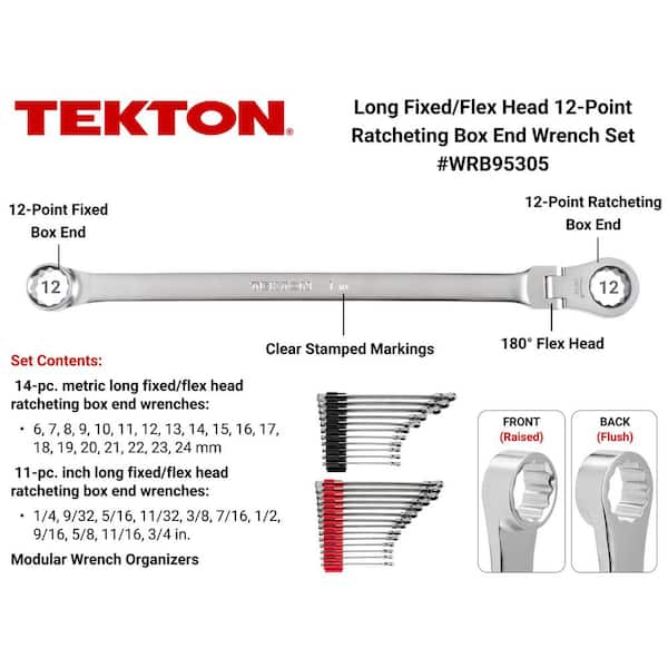 Long Fixed/Flex Head 12-Point Ratcheting Box End Wrench Set with Modular Organizers, 25-Piece (1/4-3/4 in., 6-19 mm)