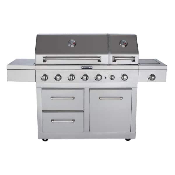 KitchenAid 6-Burner Dual Chamber Propane Gas Grill in Stainless Steel with Side Burner and Grill Cover