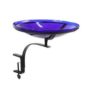 14 in. Dia Cobalt Blue Reflective Crackle Glass Birdbath Bowl with Rail Mount Bracket