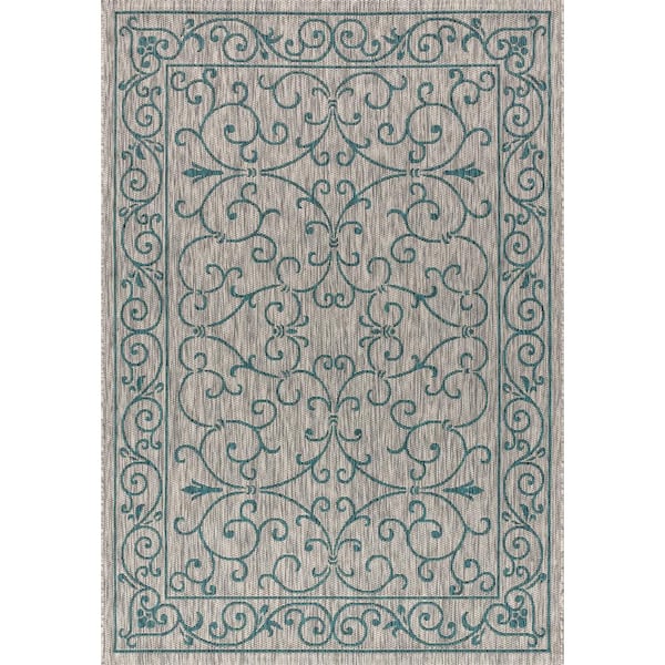 Charleston Vintage Filigree Textured Weave Indoor/Outdoor Teal/Gray 5 ft. x 8 ft. Area Rug