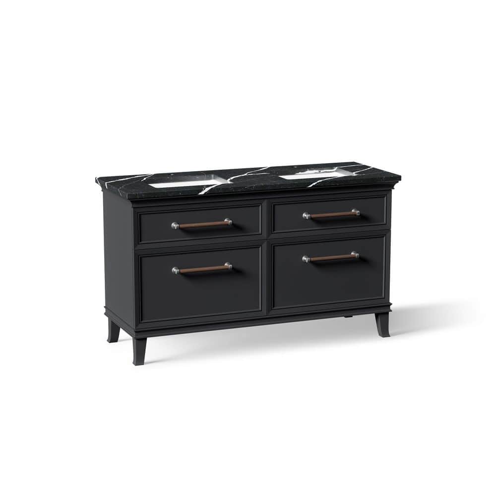 Artifacts 60 in. 2 Basin Freestanding Slate Grey Bath Vanity with Black Eternal Marquina Quartz Top and Chrome Hardware