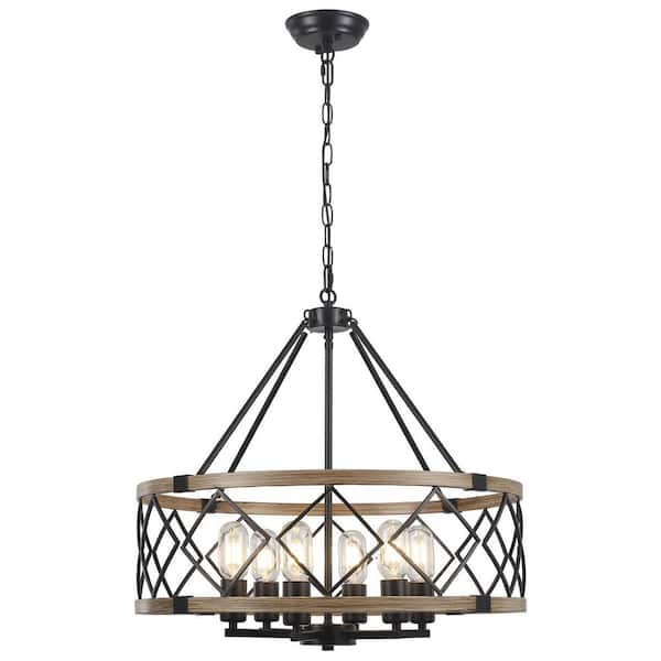 LWYTJO 6-Light Black and Imitation Wood Grain Farmhouse Chandeliers Drum Chandelier with Metal Shade for Dining Rooms