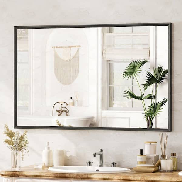 48 in. W x 30 in. H Modern Beveled Aluminum Frame Rectangular Wall Mirror, Brushed Black