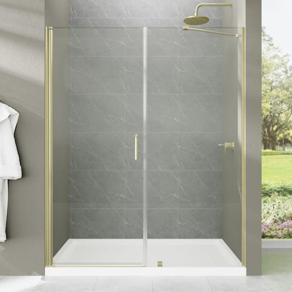Hoven 60 in. W x 72 in. H Pivot Frameless Shower Door in Gold Finish with Clear Glass