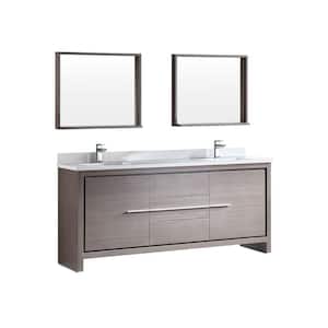 Allier 72 in. Double Vanity in Gray Oak with Glass Stone Vanity Top in White and Mirror (Faucet Not Included)