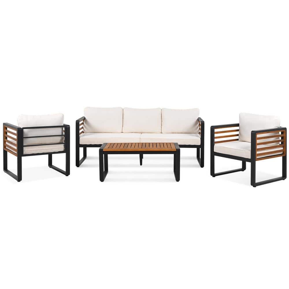 4-Piece Acacia Wood Patio Conversation with Beige Removable Cushion for 5 P