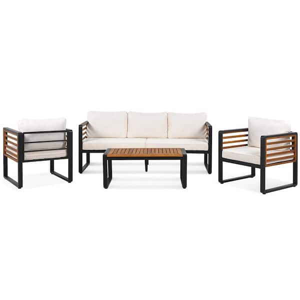 Unbranded 4-Piece Acacia Wood Patio Conversation with Beige Removable Cushion for 5 Person