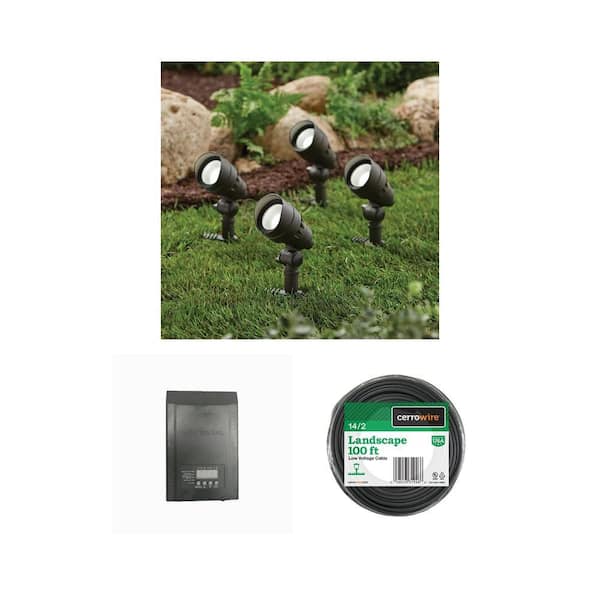 200-Watt Low-Voltage Landscape Transformer, 100 ft. 14/2 Wire and 200 Lumen LED Flood Light (4-Pack)
