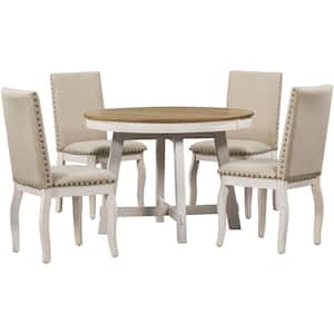 Antique White 5-Piece Round Extendable Dining Table with 4-Chairs
