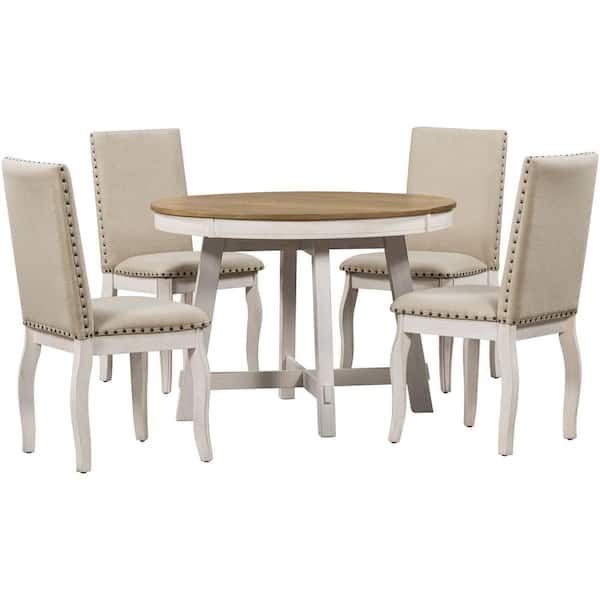 Nestfair Antique White 5-Piece Round Extendable Dining Table with 4-Chairs