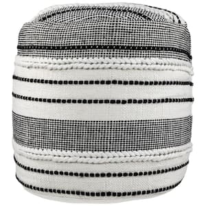 18 in. White and Black Striped Plastic Outdoor Ottoman - Woven Pouf