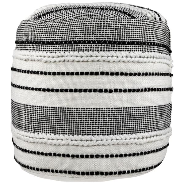 Northlight 18 in. White and Black Striped Plastic Outdoor Ottoman - Woven Pouf