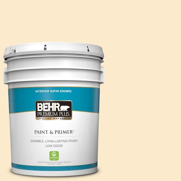 BEHR PREMIUM PLUS 5 gal. #350E-2 Honey Moth Satin Enamel Low Odor Interior Paint & Primer