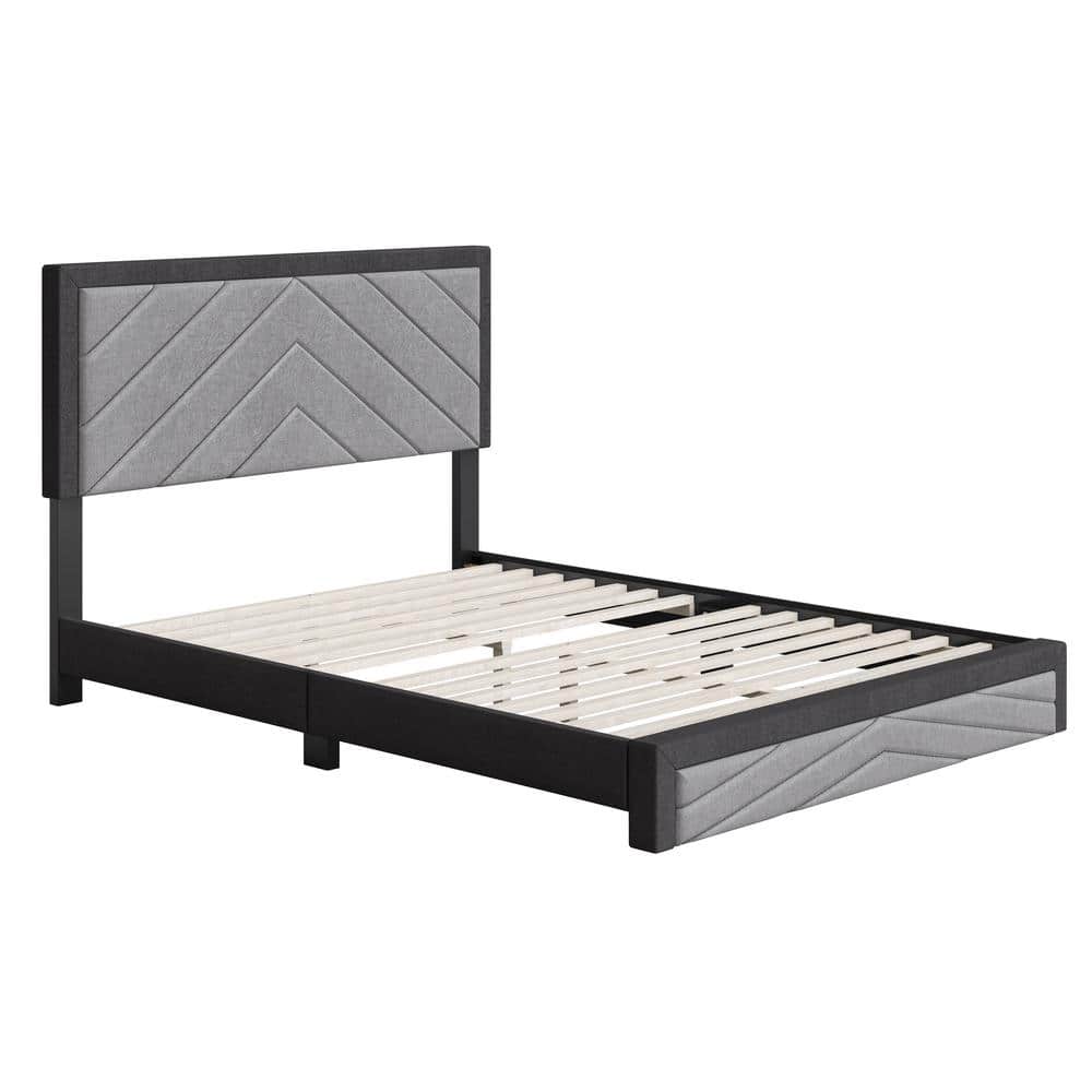 Gray Linen Upholstered Queen Platform Bed with Tufted Headboard