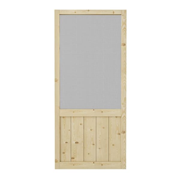 30 in. x 80 in. Single Universal Paneled Unfinished Pine Wood and Gauze Mesh Hinged Screen Door