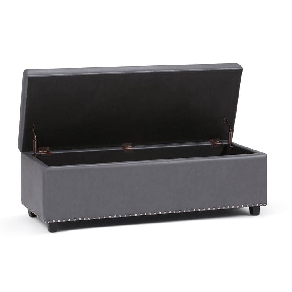 Elegant Stone Gray 48" Wooden Storage Bench Ottoman with Nailhead Trim