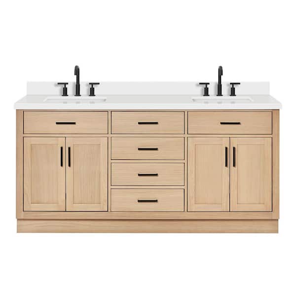 Hepburn 72 in. Double Sink Freestanding Bathroom Vanity in Oak with Pure White Quartz Top