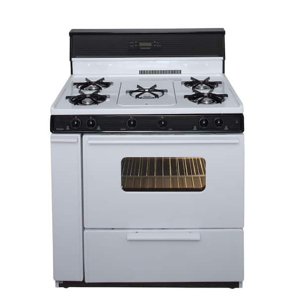 Premier 36 in. 3.91 cu. ft. Freestanding Gas Range with 5th Burner and Griddle Package in White with Black Trim