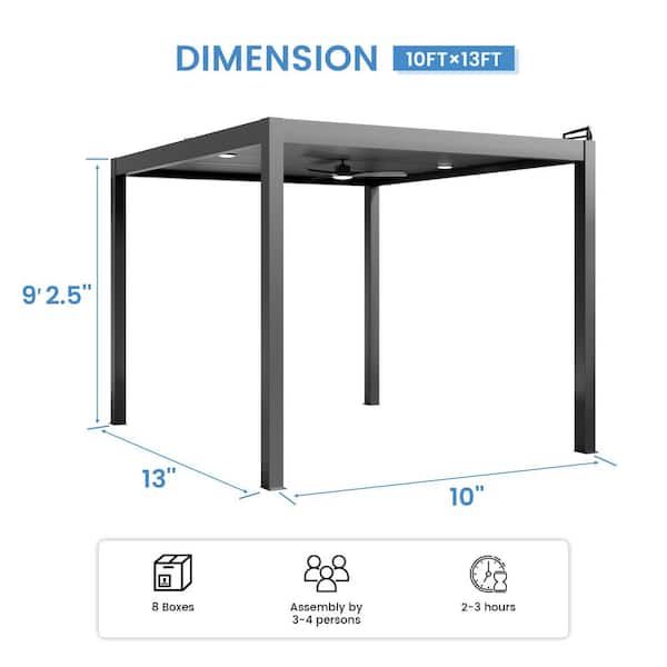 10 ft. x 13 ft. Dark Gray Aluminum Patio Pergola with Built-In Solar Panel, Ceiling Fan and Round LED Light