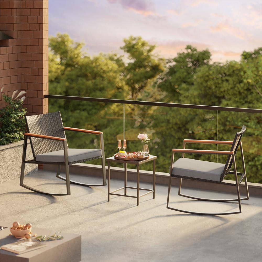 Gray Wicker and Steel 3-Piece Patio Rocking Chair Set