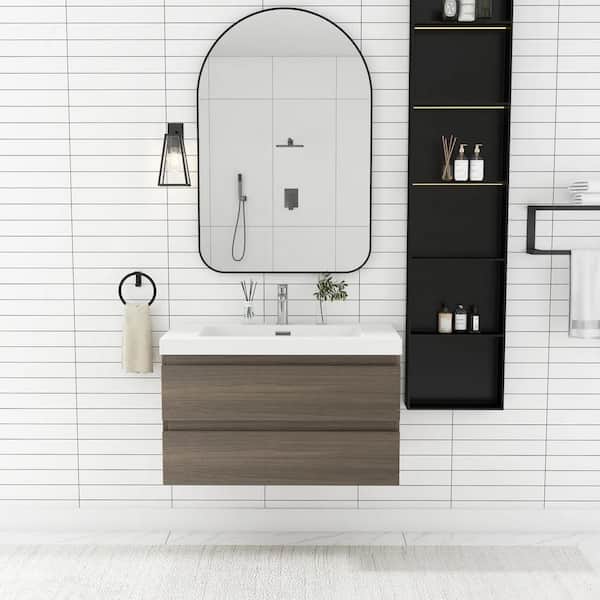 36 in. W x 20 in. D x 22 in. H Single Sink Floating Bath Vanity in Ash Grey with Glossy White Resin Top