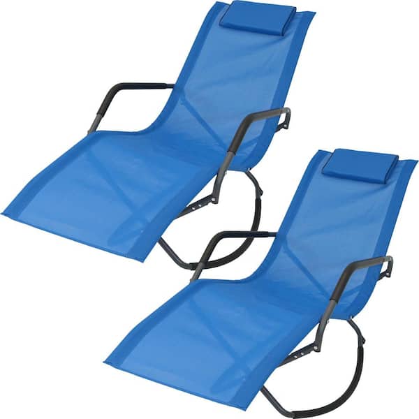 Sunnydaze Blue Folding Rocker Sling Outdoor Lounge Chair with Pillow (Set of 2)