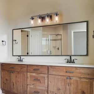 28 in. 4-Light Rust Black Farmhouse Bathroom Vanity Light with Brushed Faux Wood/Gray Accents and Clear Glass Shades