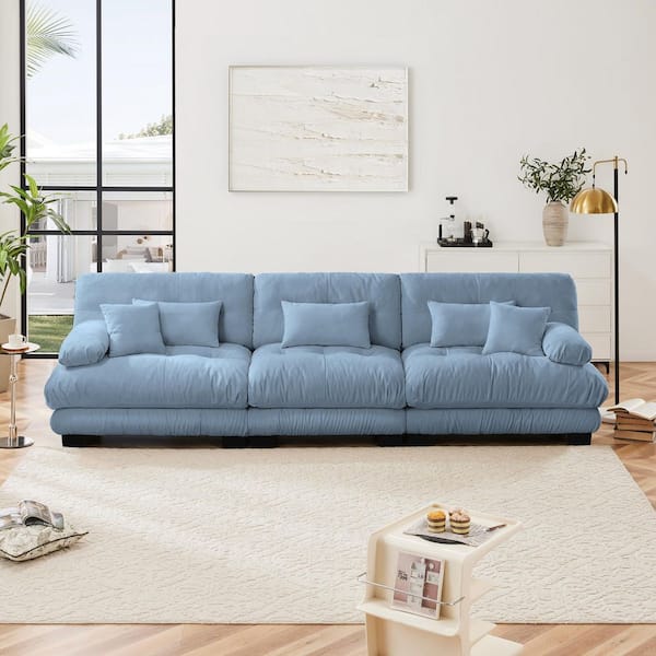 Ronald 133.8 in. Chenille Upholstered Rectangle Sectional Sofa in. Blue with 2 Lumbar Pillows, 2 Throw Pillows
