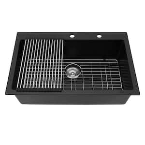 Loile 33 in. L Drop-In Single Bowl Black Granite Composite Kitchen Sink with Grid, Strainer Basket and Drying Rack