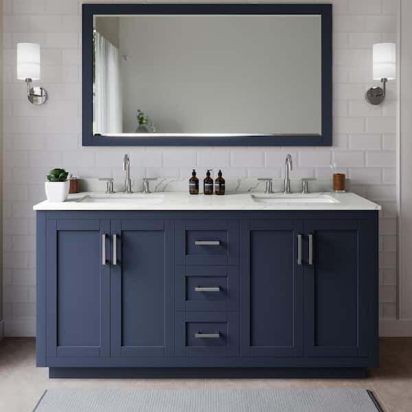 Wyndham Collection Miranda 66 in. W x 22 in. D x 33.75 in. H Double Bath Vanity in Dark Blue with Giotto Quartz Top and 58 in. Mirror