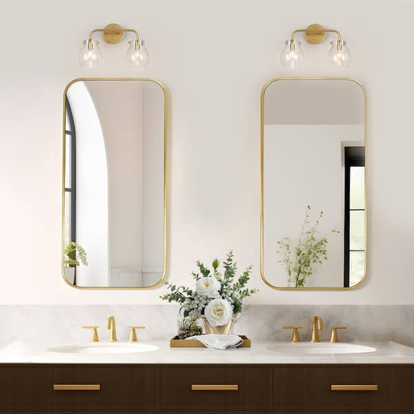 Mid-century Modern 14 in. 2-Light Light Gold Vanity Light for Bathroom Mirror, Powder Room Wall Sconce with Seeded Glass