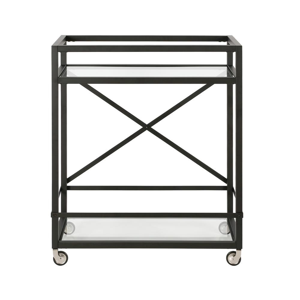 Modern Blackened Bronze Metal Bar Cart with Glass Shelves