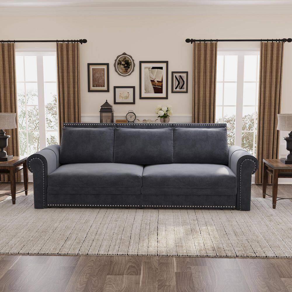 93.7 in. Rolled Arm Velvet Rectangle Sofa in Grey with Nailhead Trim and Rolled Arm