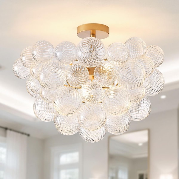6-Light Glass Bubble Ball Cluster Globe Golden Chandelier for Kitchen Island Living Room Bedroom with LED Bulb Included