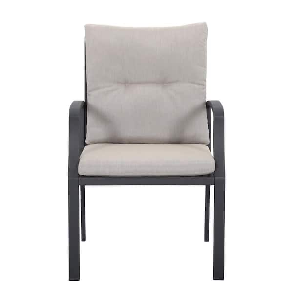Black Aluminum Frame Outdoor Dining Chair with Beige Cushions for Outdoor, Garden and Patio (6-Pack)