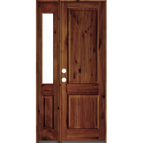 Krosswood Doors 44 in. x 96 in. Rustic Knotty Alder Right-Hand/Inswing Clear Glass Red Chestnut Stain Wood Prehung Front Door w/Sidelite