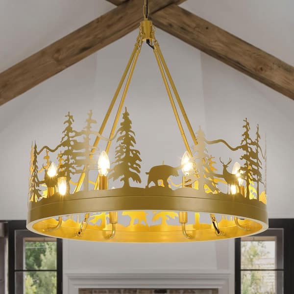 JUSHENG 8-Light Brass Ambient Rustic Chandelier Wagon Wheel Farmhouse Chandelier for Dining Living Room Foyer