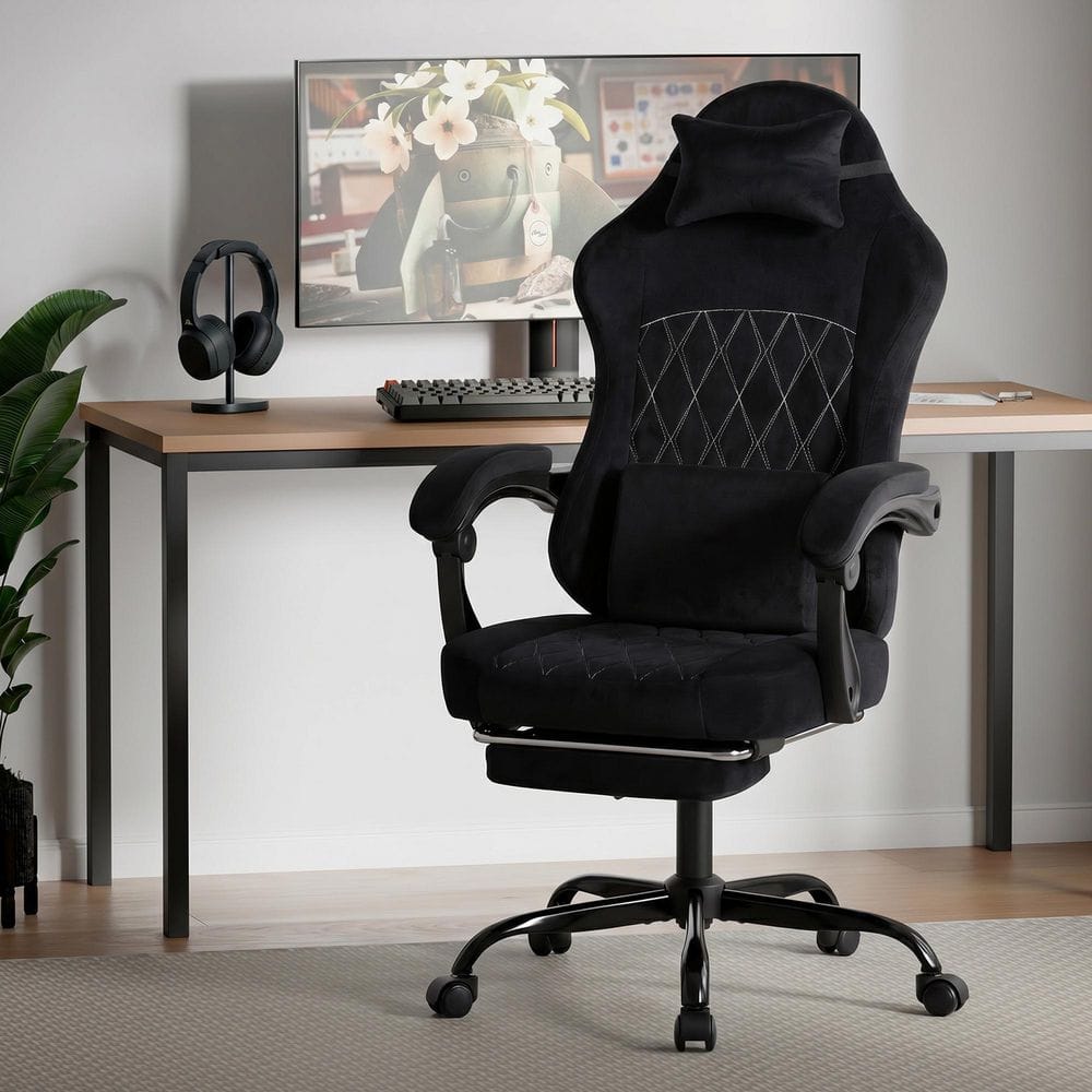Faux Leather High Back Office Chair Ergonomic Computer Chair in Black with Lumbar Support, Adjustable Headrest